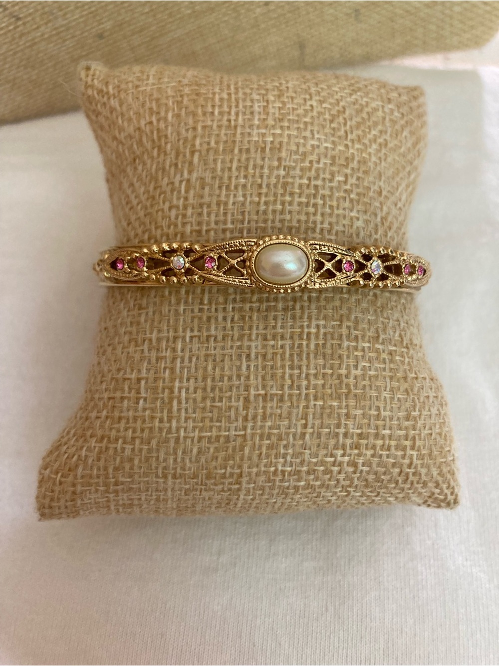 Ornate Vintage Hinged Bracelet with Faux Pearl Pink Clear Rhinestones
